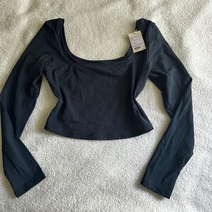 Square Neck Long Sleeve Crop Top Sexy Slim Fitted Basic Stretchy T Shirts Tops